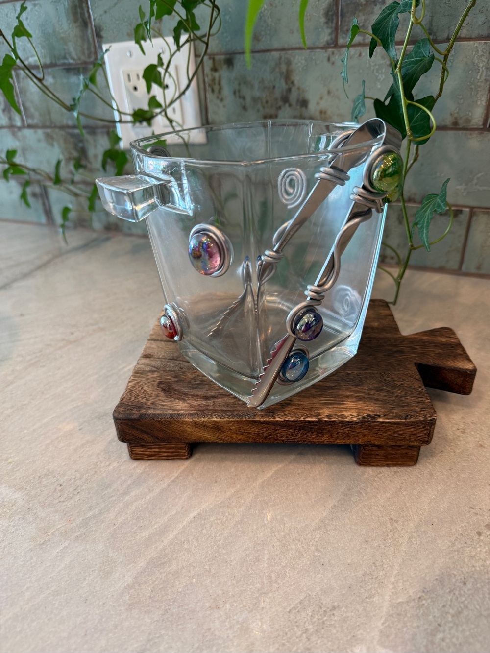 Handcrafted Wire-Wrapped Jeweled Glass Ice Bucket Set with Matching Tongs